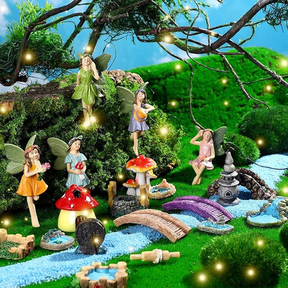 Unittype 19 Pcs Flower Fairy Accessories for Garden Outdoor Fairy Figurines Miniature Bridge Mushroom Lighthouse Water Well Pond Resin Garden Decorations Miniature Figurines for Craft