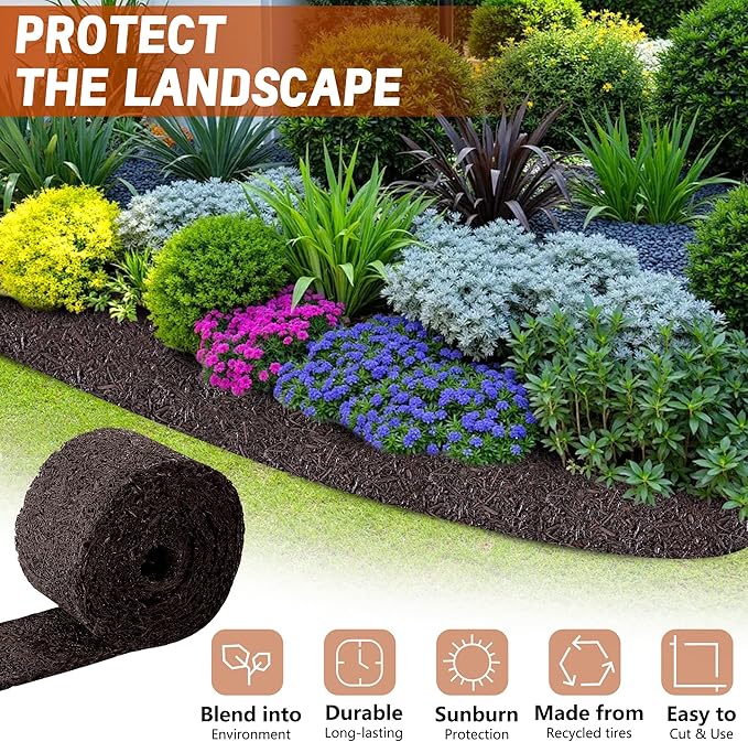 DECOHS 140" x 5.5" Recycled Rubber Mulch Mat Roll for Landscaping, Permanent Garden Pathway Mulch Barrier, Rubber Mulch Walkway Pathway Mat for Plants, Vegetable and Flower Outdoor (Brown)