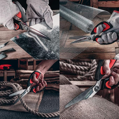 LIVINGO 10" Multipurpose Heavy Duty Scissors, Premium Titanium Coating Forged Stainless Steel Tool Industrial Shop Shears for Household, Pruning, Gardening, Fabric, Red/Black