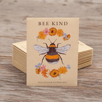Bentley Seed Co. | Bee Kind Pollinator | Beautiful Bee Art | Environmental Favors Cards for Guests Seed Packets | Pollinator Wildflower Mix Seed Packets | Eco-Friendly Hand Out Gift | 25 Pack