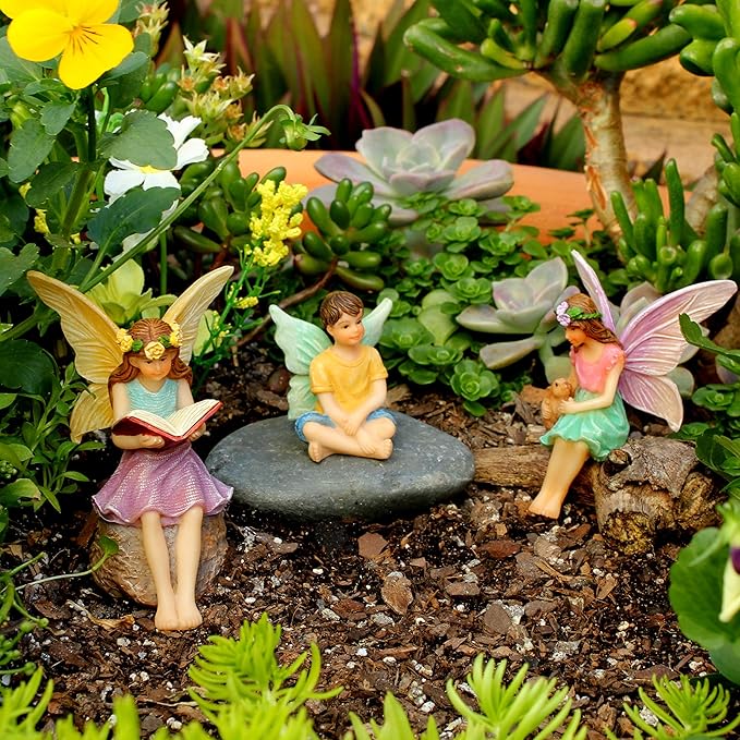 PRETMANNS Fairy House Kit - Fairy Garden Accessories for Outdoor Miniature Village Decor, with Three Fairies - House, 9" High & Treehouse Door can Open Wide - 4 Piece Supplies