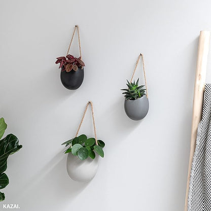 Kazai. Wall Planters -Ellie- | Hanging Ceramic Plant Pots 3 Pieces | Wall Decoration for Indoors, Balcony and Garden | Grey (Matte)