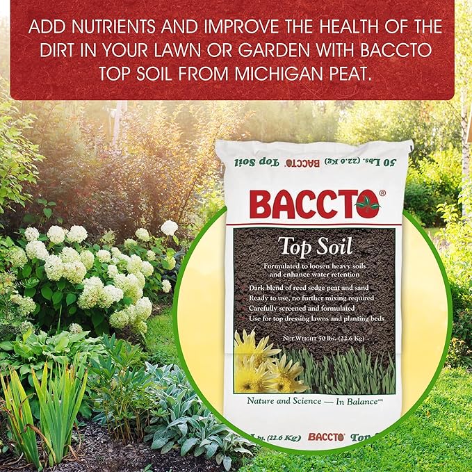 Michigan Peat Baccto Top Soil for Lawns, Gardens, and Raised Planting Beds with Reed Sedge, Peat, and Sand, 50 Pounds (2 Pack)
