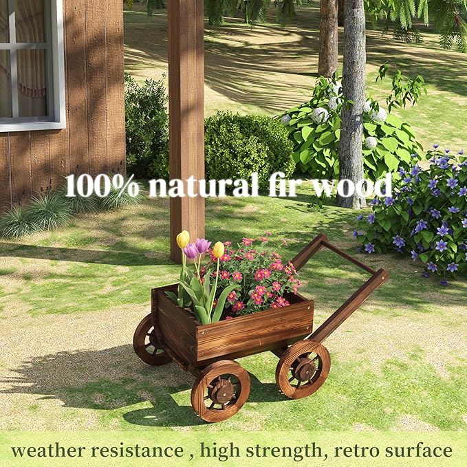 PULIJIA Wooden Wagon Planter Outdoor Garden Planter, Trolley Decoration Succulent Flower cart, Indoor Outdoor Backyard Balcon Decor cart with Wheels, Planter for Patio (HC-S)