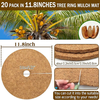 ZeeDix 20 Pack Coconut Fiber Mulch Ring, 11.8 Inch Coco Coir Tree Ring Mulch Mat, 100% Natural Tree Protector Mat Plant Cover Ring Coconut Coir Discs Tree Mats Mulch Rings for Indoor Outdoor Plants