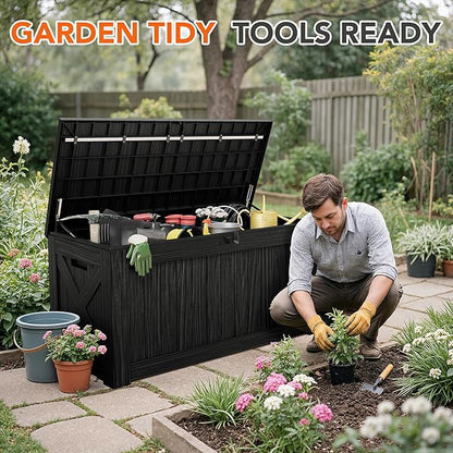 130 Gallon Deck Box Outdoor Indoor Waterproof Storage Box for Patio Furniture, Pool Accessories, Garden Tools, and Cushion Storage, Black