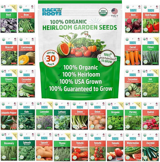 Back to The Roots Heirloom Organic, Non-GMO & USA Grown Seeds, 30ct Herb, Fruit, and Veggies, Assortment May Vary, Guaranteed to Grow