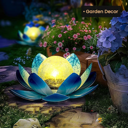GIGALUMI Solar Light Outdoor Garden Decor, Lotus Flower Light Crackle Globe Glass Lantern Outdoor Table Decor Waterproof for Patio, Lawn, Pathway, Pool, Pond, Christmas Gift (Blue Petal)