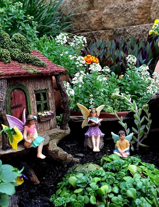 PRETMANNS Fairy House Kit - Fairy Garden Accessories for Outdoor Miniature Village Decor, with Three Fairies - House, 9" High & Treehouse Door can Open Wide - 4 Piece Supplies