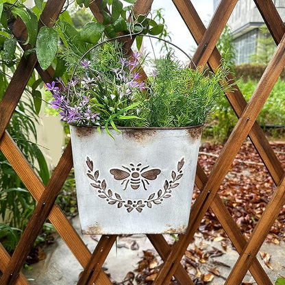 CVHOMEDECO. Farmhouse Wall Mount Metal Flower Pots Rustic Galvanized Bee Flower Holder Wall Hanging Pocket Planter for Indoor, Outdoor and Wall Decor, Set of 2 (Grey)