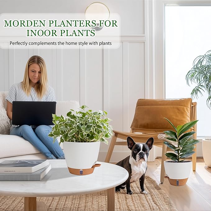 Self Watering Pots for Inoor Ourdoor Plants 10/9/8/7/6.5 Inch Plastic Planters with Drainage Holes & Water Level Indicator, Decorative House Flower Nursery Planting Pots with Saucers ((White)
