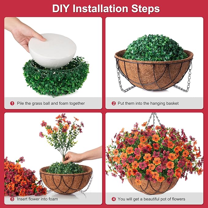 Artificial Silk Flowers Hanging Baskets for Outdoors Indoors, Daisy with Eucalyptus Leaves Arrangement for Garden Yard Decor, Faux Green Plant in Metal Coconut Lining Flowerpot(Orange Brown)