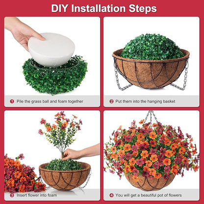 Artificial Silk Flowers Hanging Baskets for Outdoors Indoors, Daisy with Eucalyptus Leaves Arrangement for Garden Yard Decor, Faux Green Plant in Metal Coconut Lining Flowerpot(Orange Brown)