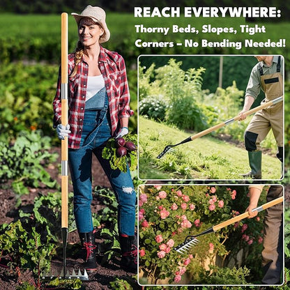 Iron Weeding Rake with Handle 2.0, 2025 Upgraded 8 Teeths Garden Weed Puller Tool Heavy Duty Gardening Tool for Lawn, Flower Beds & Soil Aeration