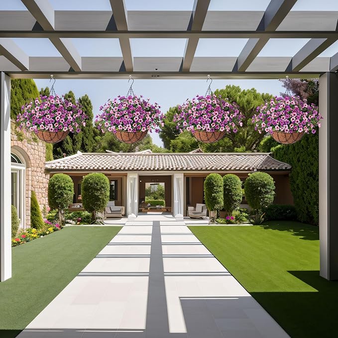 Artificial Silk Flowers Hanging Basket for Outdoor Indoor, Daisy with Eucalyptus Leaves Arrangement for Garden Yard Spring Decor, Faux Green Plant in Metal Coconut Lining Pot(Purple Pink)