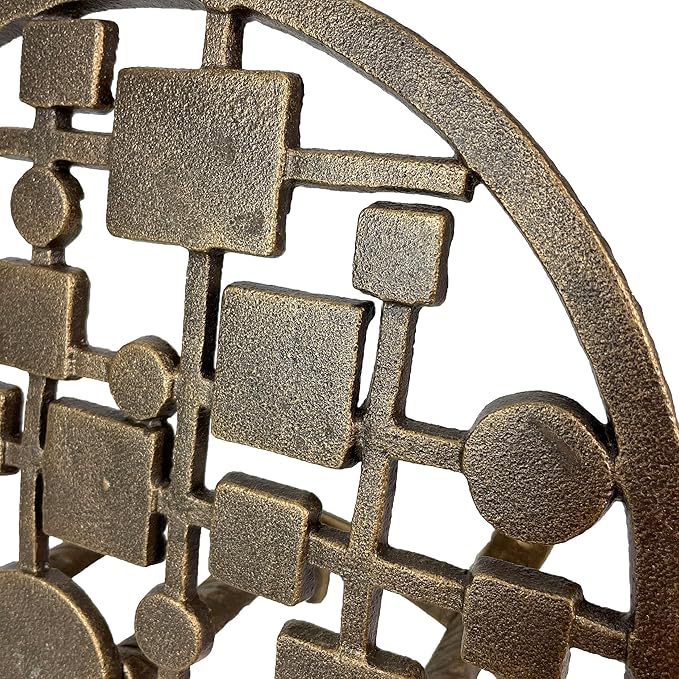 Mid-Century Modern Cast Iron Circles & Squares Hose Holder – Bronze Finish, Wall-Mounted, Weather Resistant, Durable Outdoor Storage, 11.75 Inch Diameter