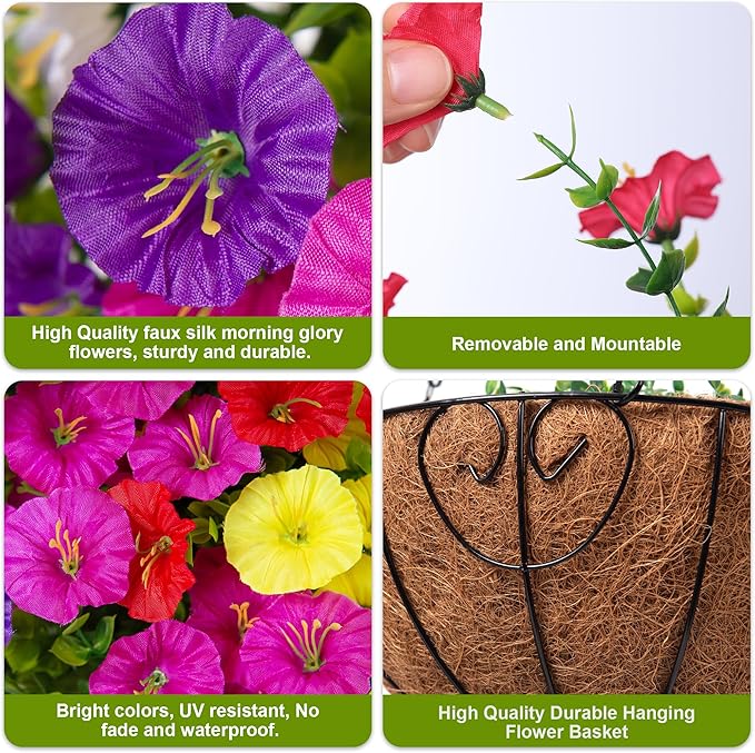 Artificial Faux Hanging Plants Flowers for Outdoors Baskets Spring Outside Decor, Fake Silk Morning Glory in Planter Look Real UV Resistant Outdoor Flowers for Porch Patio Balcony Garden Yard Home