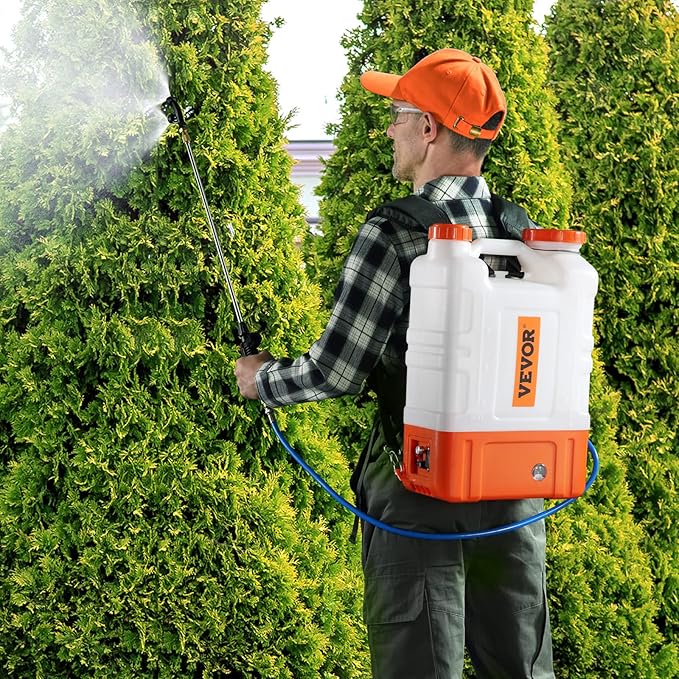 VEVOR 4 Gallon Battery Powered Backpack Sprayer with Wheeled Cart, Adjustable 0-94 PSI, 13FT Hose, 6 Nozzles, 2 Wands Included, Wide Mouth Lid for Weeding, Cleaning, Long Spray Time, White+Orange