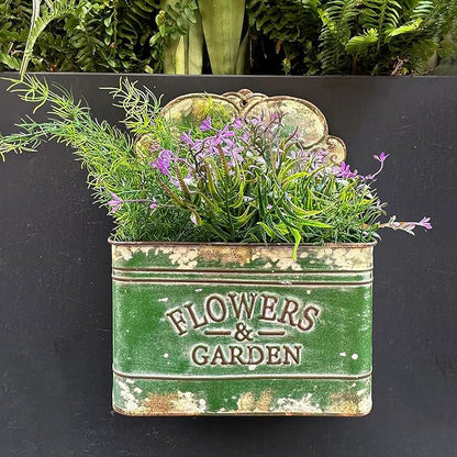 CVHOMEDECO. Farmhouse Metal Wall Planter Rustic Galvanized Flower Holder Wall Mount Flower pots for Indoor, Outdoor and Wall Decor, Set of 2 (Green)