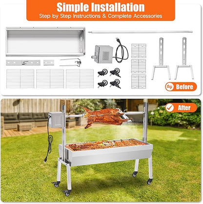 Jocisland Electric BBQ Rotisserie Grill Kit, 42" 132 Lbs Capacity, 45W Motor, Height-Adjustable Stainless Steel Pig Lamb Charcoal Rotisserie Roaster with Lockable Wheels for Camping Outdoor