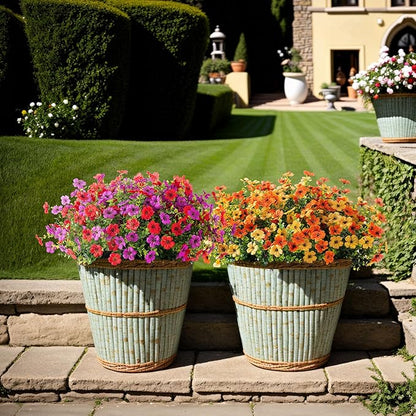 Artificial Silk Flowers Hanging Basket for Outdoor Indoor, Daisy with Eucalyptus Leaves Arrangement for Garden Yard Spring Summer Decor, Faux Green Plant in Metal Coconut Lining Pot(Red Purple)