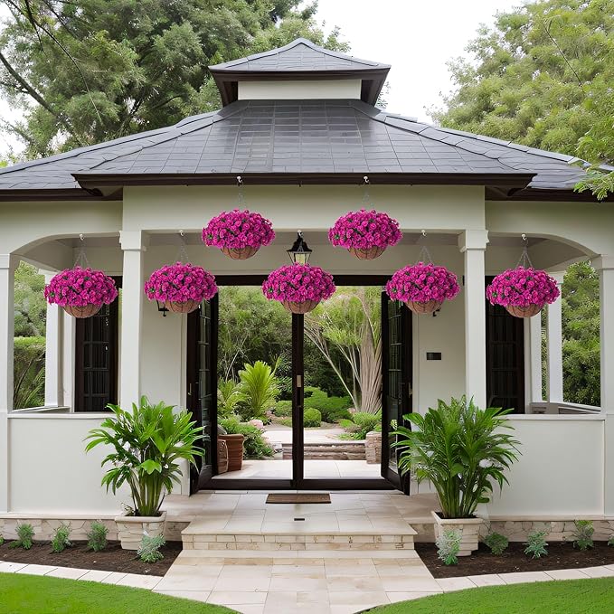 Artificial Hanging Flower Plants with Basket for Outdoor Decoration, Faux Petunias Flowers Fake Morning Glory Planter for Outside Patio Garden Porch Balcony Yard Decor(Fuchsia)