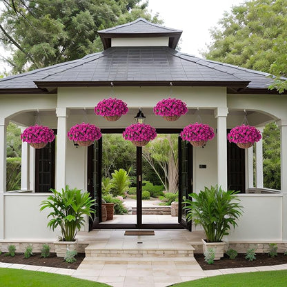 Artificial Hanging Flower Plants with Basket for Outdoor Decoration, Faux Petunias Flowers Fake Morning Glory Planter for Outside Patio Garden Porch Balcony Yard Decor(Fuchsia)