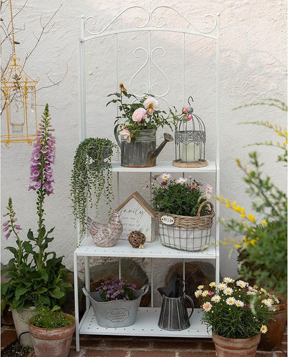 White 3-Layer Floral Plant Stand, French Style Tiered Shelf for Succulents Herbs, Ornate Iron Plant Display for Living Room Garden Decor