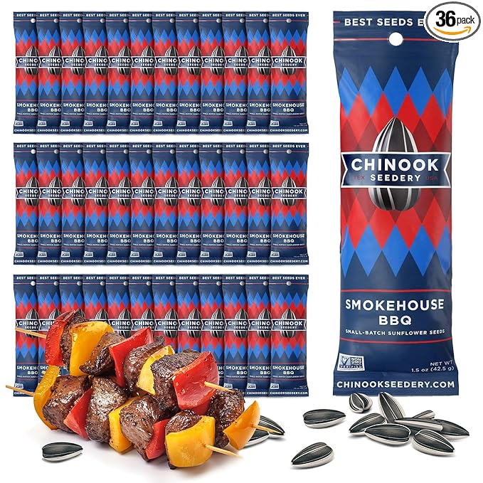 Chinook Seedery Low Sodium Sunflower Seeds – Smokehouse BBQ Flavor, Pack of 36, 1.5oz – Sunflower Seeds to Eat – Keto, Jumbo, Roasted, Baseball Snacks
