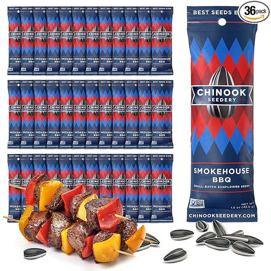 Chinook Seedery Low Sodium Sunflower Seeds – Smokehouse BBQ Flavor, Pack of 36, 1.5oz – Sunflower Seeds to Eat – Keto, Jumbo, Roasted, Baseball Snacks
