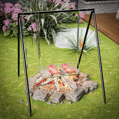 Grill Swing Campfire Cooking Stand, BBQ Grill for Cookware, Bruntmor Dutch Oven Adjustable Collapsible Legs with Hooks and Accessories