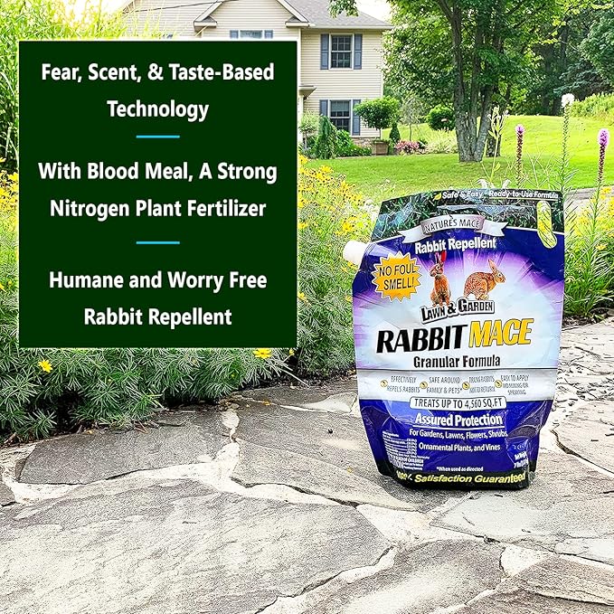 Nature's MACE Rabbit Repellent Granules, Outdoor Rabbit Deterrent for Landscape, Keep Bunnies Out of Your Lawn and Garden, 30 Pound Granular Bag, Safe to use Around Pets, People, & Plants