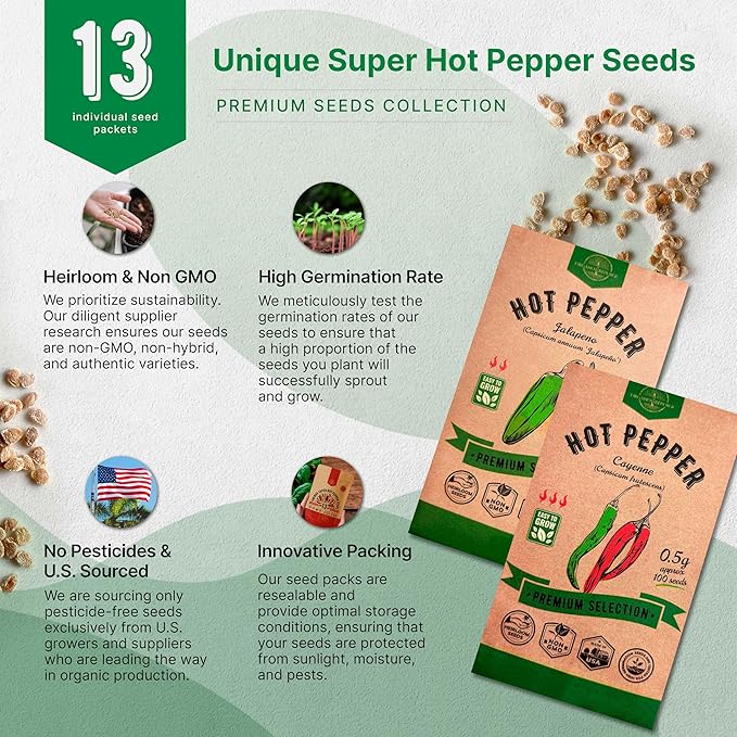 Organo Republic 13 Unique Super Hot Pepper Seeds Variety Pack - 1,020+ Non-GMO Heirloom Pepper Seeds for Outdoor and Indoor Home Gardening, Including Pepper Caloro, Firecracker, Habanero, Fresno Chili