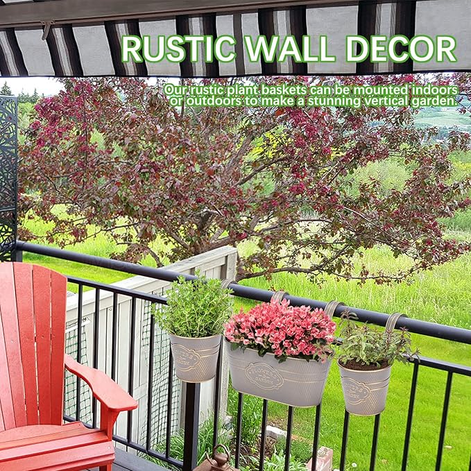 PerGar Vintage Metal Iron Wall Hanging Flower Pots, Rustic Planter Bucket Herb Flower Plant Holder with Detachable Hooks & Drainage Hole for Railing Fence Balcony Deck Garden Home Decoration, Set of 3