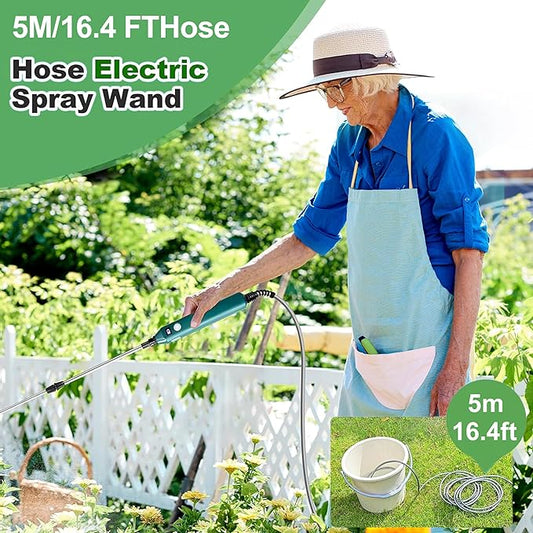Battery Powered Sprayer Wand,23.6" Electric Sprayer Telescopic Wand with 3 Spray Forces, Battery Indicator, 16.4FT Hose, 3 Mist Nozzles for Lawn and Garden