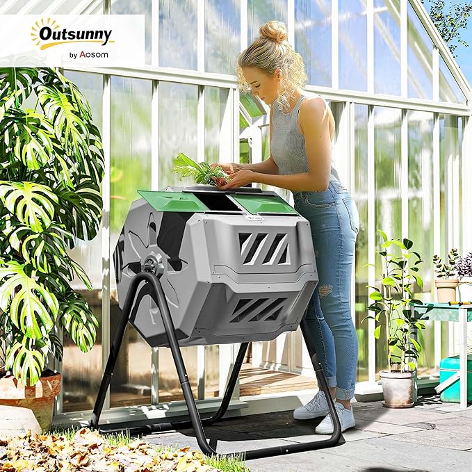 Outsunny Tumbling Compost Bin Outdoor 360° Dual Chamber Rotating Composter 43 Gallon, Light Gray