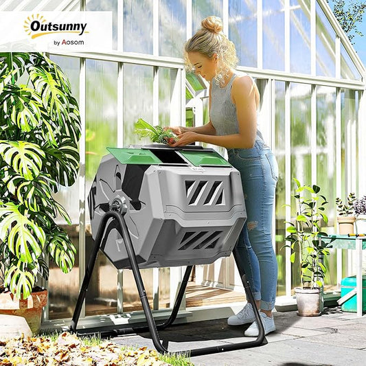Outsunny Tumbling Compost Bin Outdoor 360° Dual Chamber Rotating Composter 43 Gallon, Light Gray