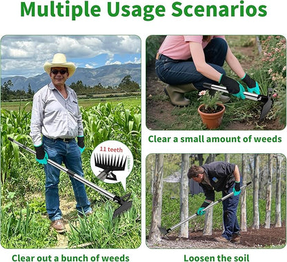 Weeding Puller Tool with Long Handle, 11 Tooth Manual Weed Rake Weeder Remover Tool Gardening with Gloves, Dandelion Gardenia Uprooting Tool for Yard, Lawn, Patio and Garden