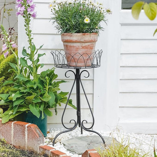 Black Round Low Plant Stand Single Pot Holder, Antique French Pedestal with Cutout Patterns, Compact Garden Decor for Cactus Ferns Plant Holder