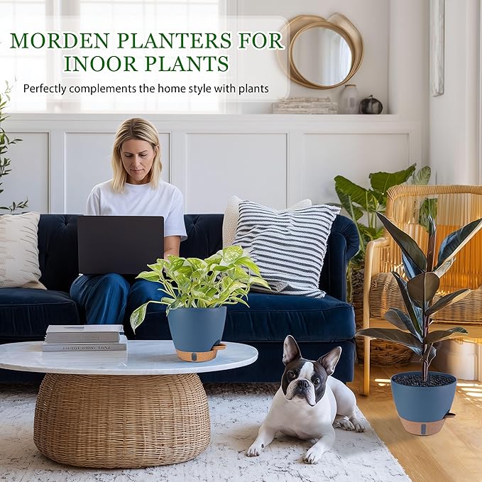 Self Watering Pots for Inoor Ourdoor Plants 10/9/8/7/6.5 Inch Plastic Planters with Drainage Holes & Water Level Indicator, Decorative House Flower Nursery Planting Pots with Saucers (Navy Blue)