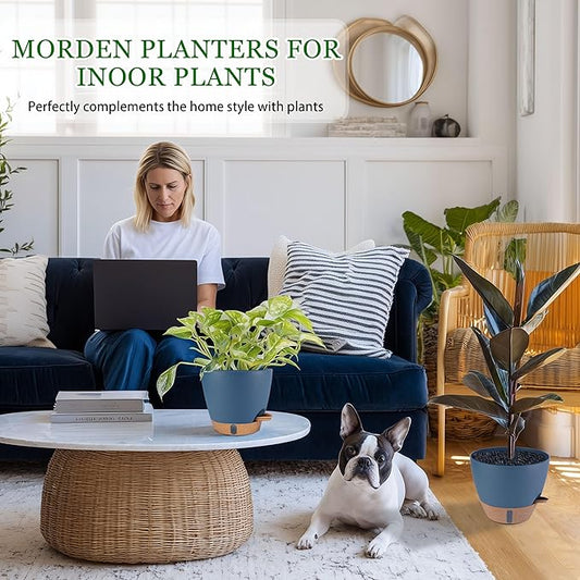 Self Watering Pots for Inoor Ourdoor Plants 10/9/8/7/6.5 Inch Plastic Planters with Drainage Holes & Water Level Indicator, Decorative House Flower Nursery Planting Pots with Saucers (Navy Blue)