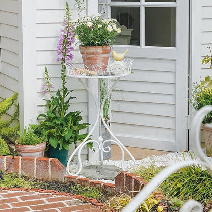 White Round Tabletop Plant Stand, French Vintage Metal Flower Pot Riser with Ornate Edge Detailing, Centerpiece Garden Decor