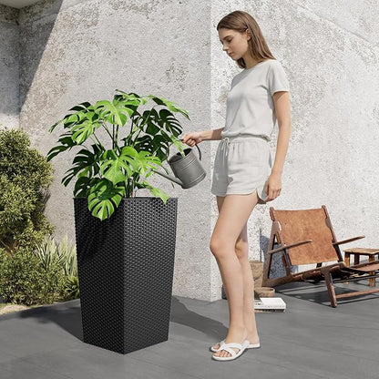 30in Tall Planter, Self Watering Pots for Indoor/Outdoor Plants with Drain Holes, Water Level Monitor, Inner Bucket for Front Porch Patio, Black Large(1 Set)