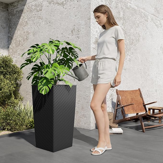 23in Tall Planter Set of 2, Large Self Watering Pots for Indoor/Outdoor Plants with Drain Holes, Water Level Monitor, Inner Bucket for Front Porch Patio, Black Rattan
