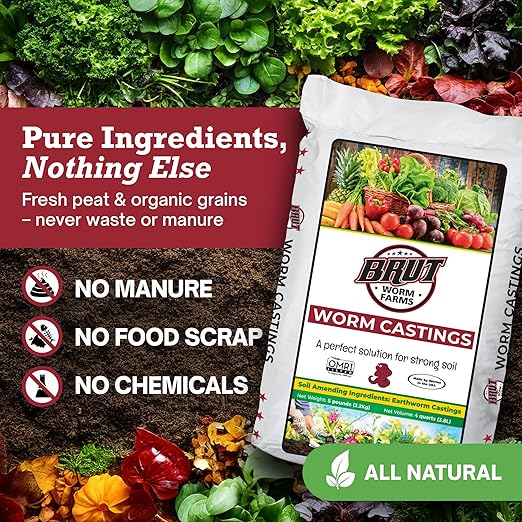Brut Organic Worm Castings for Plants 5 LB – Natural Nutrients, Fertility Builder, Plant Food for Potting Soil and Garden Soil – Indoor and Outdoor Use
