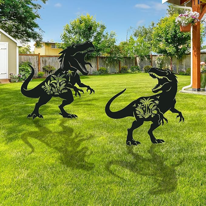 Dinosaur Metal Garden Stakes Yard Decor, 2PCS Black Dinosaur and Rainforest Silhouette Statues Garden Decorative Gifts for Yard Art, Patio, Outside, Lawn Ornaments, Christmas, Backyard, Pathway