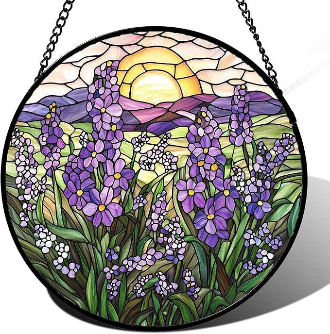 Stained Glass Window Hanging - Purple Lavender Suncatcher for Door Terrace Garden Home Decor Plant Flowers Landscape Sun Catcher Birthday Gifts for Lovers Women Men Dad Mom Nana 15 in