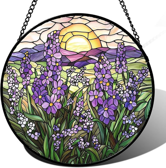 Stained Glass Window Hanging - Purple Lavender Suncatcher for Door Terrace Garden Home Decor Plant Flowers Landscape Sun Catcher Birthday Gifts for Lovers Women Men Dad Mom Nana 15 in