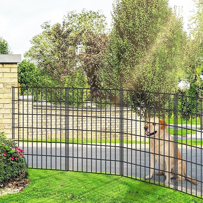 Metal Garden Fence 40in (H) x 18.7ft (L), 8 Panels + 9 Stakes Dog Fence Border Fence Animal Barrier, No Dig Garden Fencing for Yard Flower Bed Lawn Patio Outdoor, PIN402808 Black