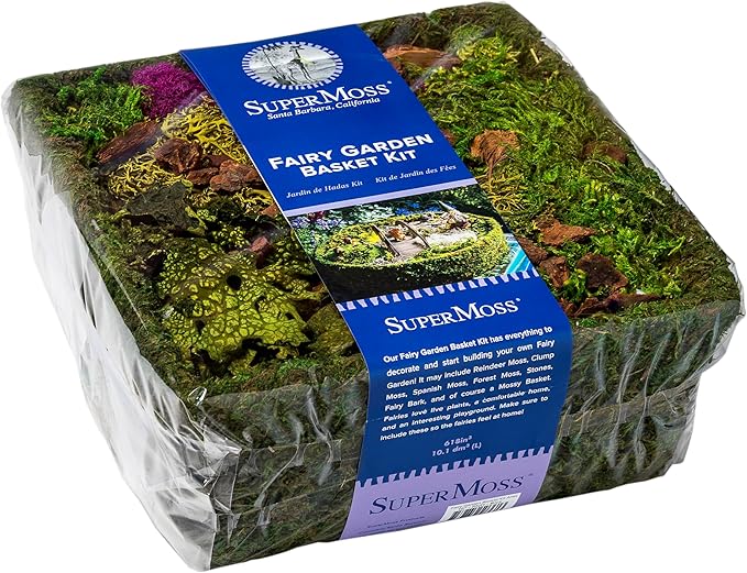 SuperMoss (50362) Fairy Garden Kit | Miniature Moss Basket with Fairy Garden Accessories, and Liner | DIY Craft Kit for Kids, Indoor & Outdoor Garden Decor, Miniatures, and Home Decoration, 10” Basket
